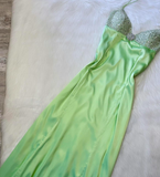 Ndyad Spaghetti Strap Sheath Beaded Long Prom Dresses, Green Formal Evening Dresses HZ1024