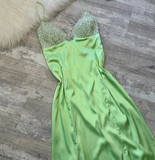 Ndyad Spaghetti Strap Sheath Beaded Long Prom Dresses, Green Formal Evening Dresses HZ1024