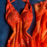 Ndyad V-neck Sheath Beaded Long Prom Dresses, Orange Formal Evening Dresses HZ1024