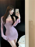 Evafashion sexy hot girl style mesh long sleeves U-neck off-shoulder hip skirt HZ1024