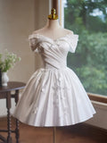 Evafashion Off Shoulder Satin White Short Prom Dress, White Homecoming Dress HZ1024