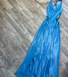 Ndyad V-neck Sheath Satin Long Prom Dresses, Backelsss Blue Formal Evening Dresses HZ1024