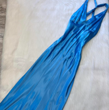 Ndyad V-neck Sheath Satin Long Prom Dresses, Backelsss Blue Formal Evening Dresses HZ1024