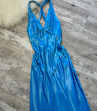Ndyad V-neck Sheath Satin Long Prom Dresses, Backelsss Blue Formal Evening Dresses HZ1024