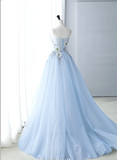 Ndyad Spaghetti-strap A-Line Tulle Appliqu¨¦d Long Prom Dresses, Pale Blue Formal Evening Dresses HZ1024