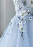 Ndyad Spaghetti-strap A-Line Tulle Appliqu¨¦d Long Prom Dresses, Pale Blue Formal Evening Dresses HZ1024