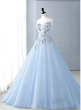 Ndyad Spaghetti-strap A-Line Tulle Appliqu¨¦d Long Prom Dresses, Pale Blue Formal Evening Dresses HZ1024