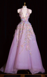 Ndyad V-neck A-Line Tulle Applique Long Prom Dresses, Light Purple Formal Evening Dresses HZ1024