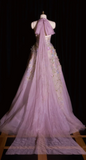 Ndyad V-neck A-Line Tulle Applique Long Prom Dresses, Light Purple Formal Evening Dresses HZ1024