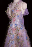 Ndyad V-neck A-Line Tulle Applique Long Prom Dresses, Light Purple Formal Evening Dresses HZ1024