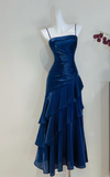 Ndyad Spaghetti Strap Sheath Tulle Birthday Dresses, Navy Blue Formal Evening Dresses HZ1024