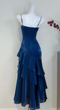 Ndyad Spaghetti Strap Sheath Tulle Birthday Dresses, Navy Blue Formal Evening Dresses HZ1024