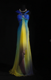 Ndyad V-neck Sheath Tulle Long Prom Dresses Yellow /Blue Formal Evening Dresses HZ1024