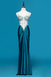 Ndyad V-neck Sheath Satin Beaded Long Prom Dresses Blue Formal Evening Dresses HZ1024
