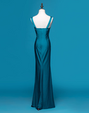 Ndyad V-neck Sheath Satin Beaded Long Prom Dresses Blue Formal Evening Dresses HZ1024
