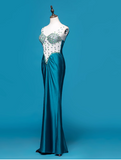 Ndyad V-neck Sheath Satin Beaded Long Prom Dresses Blue Formal Evening Dresses HZ1024