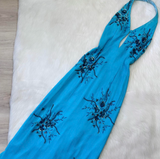 Ndyad Halter Sheath Chiffon Beaded Long Prom Dresses, Blue Formal Evening Dresses HZ1024