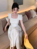 Evafashion retro elegant A-line square neck puff sleeve dress HZ1024