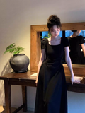 Ndyad retro elegant A-line square neck puff sleeve dress HZ1024