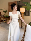 Ndyad retro elegant A-line square neck puff sleeve dress HZ1024