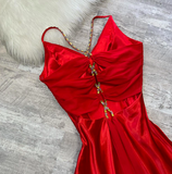 Ndyad V-neck Sheath Satin Wedding Guest Dresses Red Formal Evening Dresses HZ1024