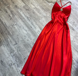 Ndyad V-neck Sheath Satin Wedding Guest Dresses Red Formal Evening Dresses HZ1024