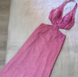 Ndyad Halter Sheath Beaded Sequin Wedding Guest Dresses Pink Formal Evening Dresses HZ1024