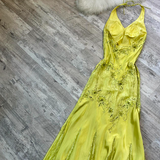 Ndyad Halter Sheath Satin Lace Beaded Wedding Guest Dresses Yellow Formal Evening Dresses HZ1024