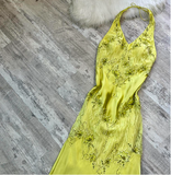 Ndyad Halter Sheath Satin Lace Beaded Wedding Guest Dresses Yellow Formal Evening Dresses HZ1024