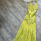 Ndyad Halter Sheath Satin Lace Beaded Wedding Guest Dresses Yellow Formal Evening Dresses HZ1024