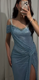 Ndyad V-neck Sheath Mesh Slit Long Prom Dresses Gray Blue Formal Evening Dresses HZ1024
