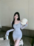 Evafashion blue sexy hot girl style mesh long sleeves U-neck off-shoulder hip skirt HZ1024