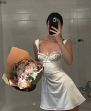 Ndyad Strap Sheath Satin Lace Short Prom Dresses, White Homecoming Dresses HZ1024