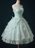 Ndyad Strapless Ball Gown Lace Applique Short Birthday Dress Cute Green Lolita Dress HZ1024