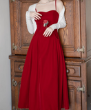 Evafashion Kong style retro red velvet suspender dress HZ1024