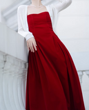 Evafashion Kong style retro red velvet suspender dress HZ1024