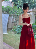 Evafashion Kong style retro red velvet suspender dress HZ1024