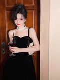 Evafashion Kong style retro red velvet suspender dress HZ1024