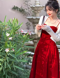 Evafashion Kong style retro red velvet suspender dress HZ1024