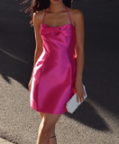 Ndyad Halter Sheath Satin Short Prom Dresses, Fuchsia Homecoming Dresses HZ1024