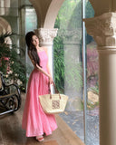 Evafashion holiday style a-line pink sleeveless backless suspender dress HZ1024