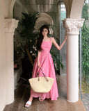 Evafashion holiday style a-line pink sleeveless backless suspender dress HZ1024