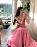 Evafashion holiday style a-line pink sleeveless backless suspender dress HZ1024