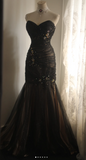 Ndyad Sweetheart Mermaid Tulle Beaded Long Prom Dresses, Black Formal Dresses HZ1024