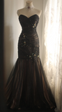 Ndyad Sweetheart Mermaid Tulle Beaded Long Prom Dresses, Black Formal Dresses HZ1024