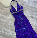 Ndyad V-neck Memaid Chiffon beaded Long Prom Dresses, Blue Backless Formal Evening Dresses HZ1024