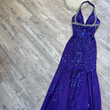 Ndyad V-neck Memaid Chiffon beaded Long Prom Dresses, Blue Backless Formal Evening Dresses HZ1024