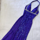 Ndyad V-neck Memaid Chiffon beaded Long Prom Dresses, Blue Backless Formal Evening Dresses HZ1024