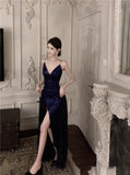 Evafashion Blue Spaghetti Strap A-Line V-Neck Sequined Long Prom Dress, Adult Ceremony Graduation Evening dress HZ1024