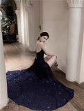 Evafashion Blue Spaghetti Strap A-Line V-Neck Sequined Long Prom Dress, Adult Ceremony Graduation Evening dress HZ1024